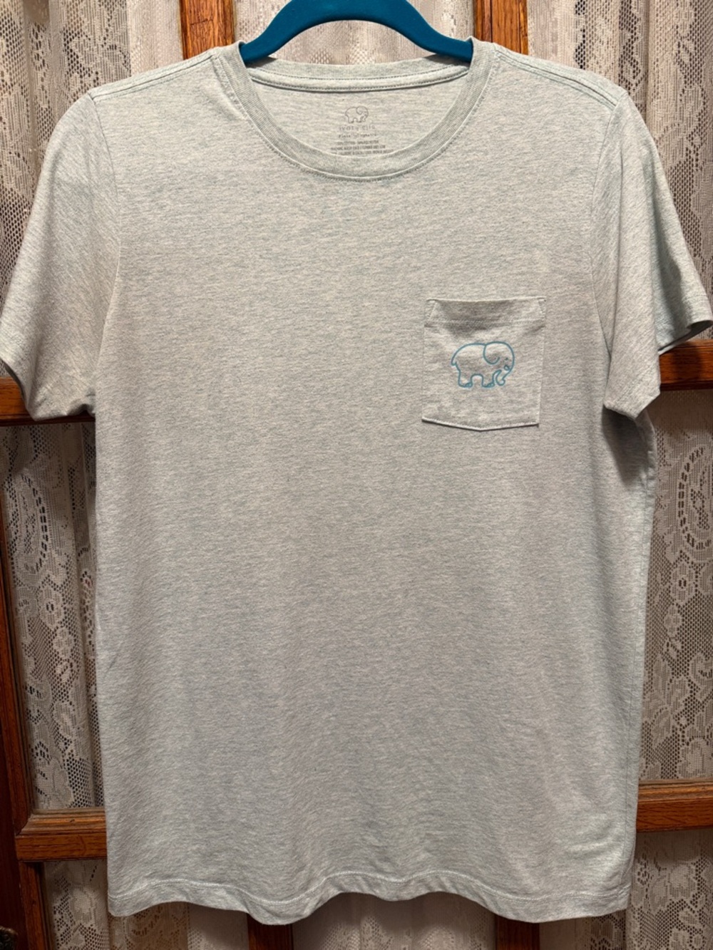 ivory ella Light Heather Blue Pocket Tee with Teal Elephant